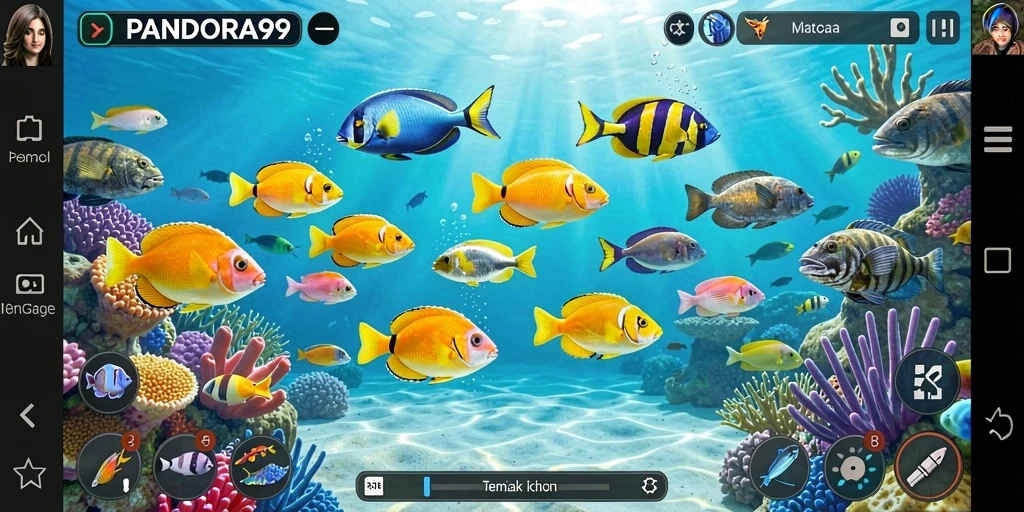 Tampilan gameplay seru dalam PANDORA99 dengan ikan berwarna-warni.