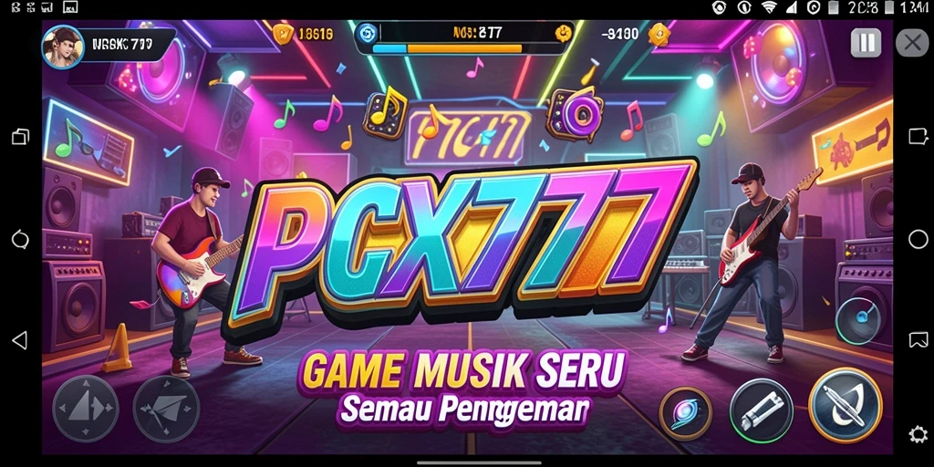 Tampilan gameplay PCX777 dengan aksi musik yang seru dan grafis menarik.