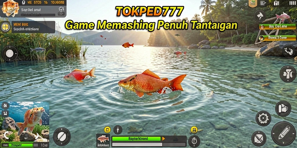Tampilan gameplay TOKPED777 saat menangkap ikan di danau yang indah.
